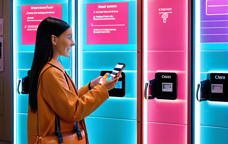 A vibrant, modern scene depicting a seamless "phygital" customer journey. A diverse person effortlessly transitions from interacting with a smartphone displaying a digital order to physically picking up an item from a sleek smart locker or a chic café counter. Emphasize the fluid connection between the digital interface (perhaps subtle holographic elements or glowing lines connecting the phone to the physical object) and the physical environment, conveying a sense of effortless convenience, speed, and zero friction. The atmosphere is bright, welcoming, and technologically advanced yet human-centric.