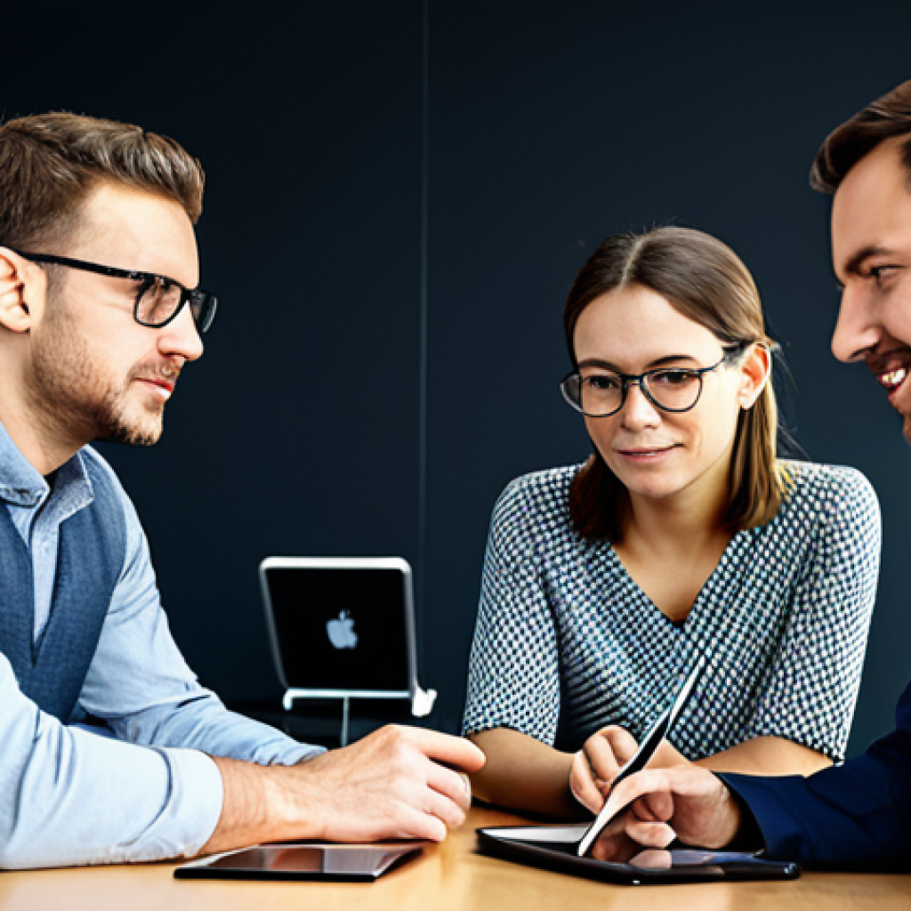 A diverse group of professional service designers in a modern, collaborative office, fully clothed in appropriate business attire. They are conducting a user testing session, with one designer observing a participant interacting with a digital service on a tablet. Another designer is taking notes, focusing on the participant's expressions and body language to understand their experience deeply. The participant is also fully clothed in modest clothing. The scene conveys empathetic listening and qualitative insight gathering. Photorealistic, soft studio lighting, perfect anatomy, correct proportions, natural pose, well-formed hands, proper finger count, natural body proportions, safe for work, appropriate content, fully clothed, professional.