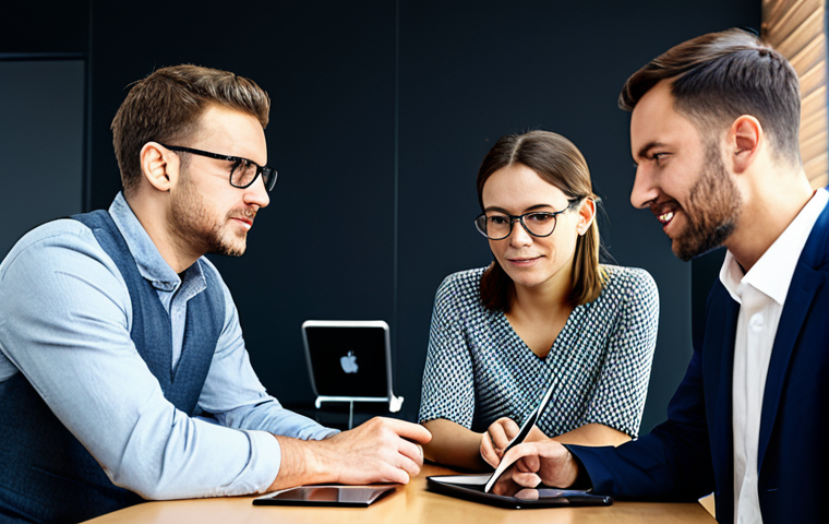 A diverse group of professional service designers in a modern, collaborative office, fully clothed in appropriate business attire. They are conducting a user testing session, with one designer observing a participant interacting with a digital service on a tablet. Another designer is taking notes, focusing on the participant's expressions and body language to understand their experience deeply. The participant is also fully clothed in modest clothing. The scene conveys empathetic listening and qualitative insight gathering. Photorealistic, soft studio lighting, perfect anatomy, correct proportions, natural pose, well-formed hands, proper finger count, natural body proportions, safe for work, appropriate content, fully clothed, professional.
