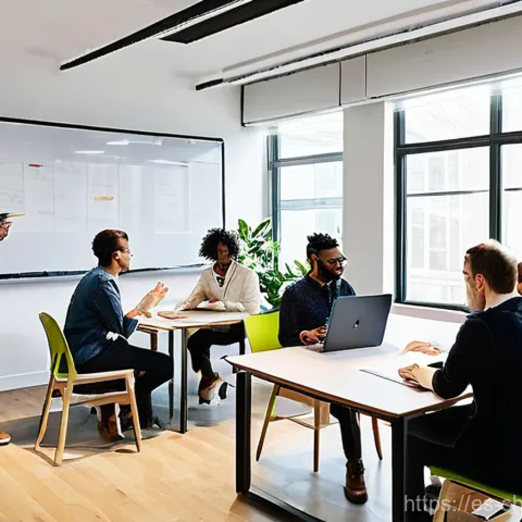 서비스 디자인 사고의 이해관계자 분석 기법 - **"Co-creation Workshop: Designing Together"**
    A vibrant, sunlit, modern office space where a di...