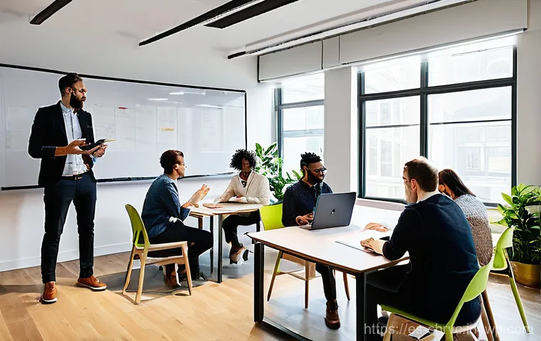 서비스 디자인 사고의 이해관계자 분석 기법 - **"Co-creation Workshop: Designing Together"**
    A vibrant, sunlit, modern office space where a di...