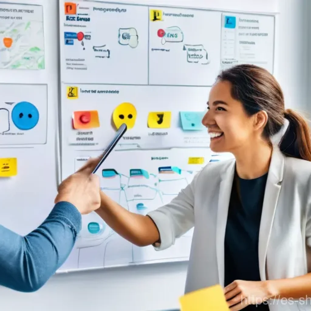 서비스 디자인 사고와 고객 journeys - **Prompt:** A vibrant, sunlit, modern office space where a diverse team of UX designers and strategi...