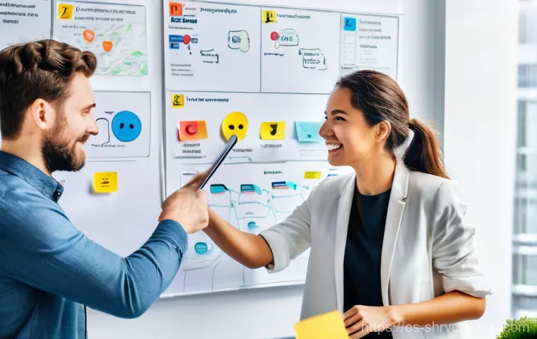 서비스 디자인 사고와 고객 journeys - **Prompt:** A vibrant, sunlit, modern office space where a diverse team of UX designers and strategi...