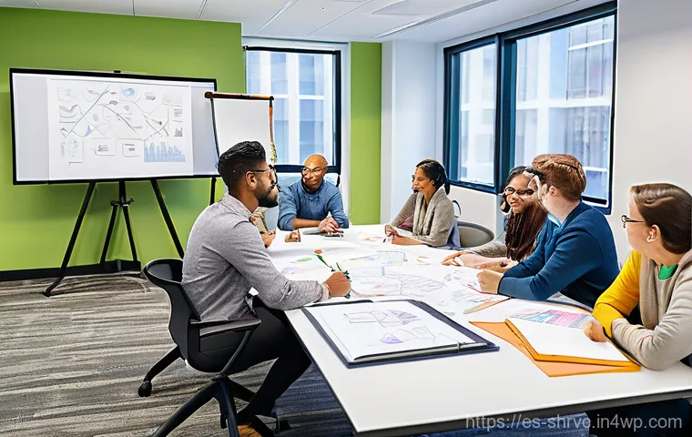 서비스 디자인 사고의 중요성과 혜택 - **Prompt:** A dynamic, creative workshop scene where a small team of diverse individuals (including ...