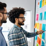 서비스 디자인 사고의 비즈니스 모델 혁신 - "A diverse team of professionals, including a designer, a marketer, and a developer, are gathered in...