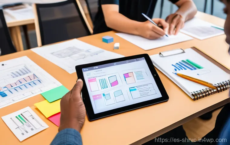 서비스 디자인 사고의 비즈니스 모델 혁신 - "A diverse team of professionals, including a designer, a marketer, and a developer, are gathered in...