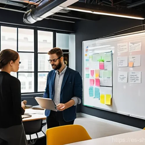 서비스 디자인 사고와 데이터 기반 의사결정 - **Prompt:** A dynamic, bright, and modern design studio where a diverse group of service designers a...