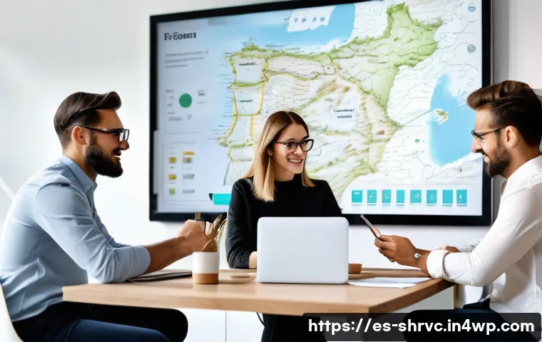 서비스 디자인 사고의 사례 기반 학습 방법 - A modern workspace scene showing a diverse team of professionals collaboratively analyzing a detaile...