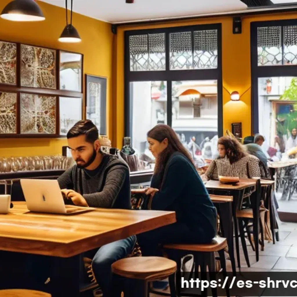 서비스 디자인 사고의 기본 원칙 - A cozy Spanish café interior scene during a busy morning, showing diverse customers naturally intera...