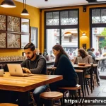 서비스 디자인 사고의 기본 원칙 - A cozy Spanish café interior scene during a busy morning, showing diverse customers naturally intera...