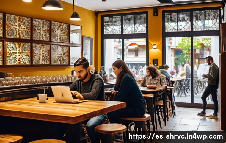 서비스 디자인 사고의 기본 원칙 - A cozy Spanish café interior scene during a busy morning, showing diverse customers naturally intera...