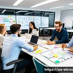 서비스 디자인 사고의 실무 적용 방법 - A diverse multidisciplinary team collaborating in a modern, bright office space filled with whiteboa...