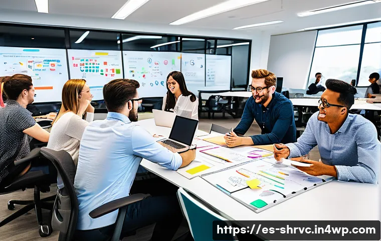 서비스 디자인 사고의 실무 적용 방법 - A diverse multidisciplinary team collaborating in a modern, bright office space filled with whiteboa...