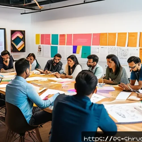 서비스 디자인 사고와 UX 디자인의 관계 - A modern design thinking workshop in a vibrant coworking space in Mexico City, featuring a diverse g...