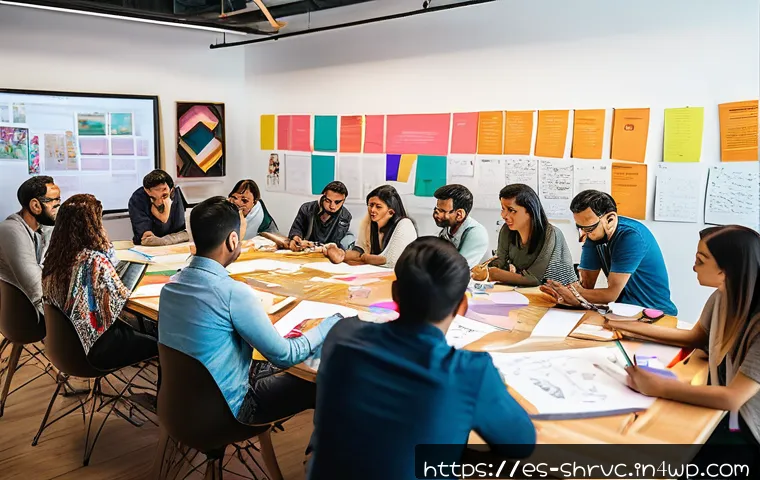 서비스 디자인 사고와 UX 디자인의 관계 - A modern design thinking workshop in a vibrant coworking space in Mexico City, featuring a diverse g...