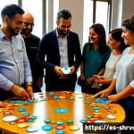 Home 23 서비스 디자인 사고와 지속 가능한 개발 목표 - Photorealistic service design workshop in a sunlit community center in Barcelona, diverse Spanish-sp...